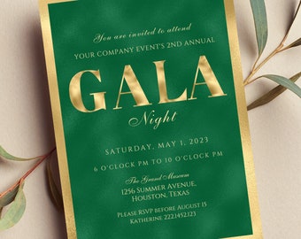 Editable Gala Invitation, Gala Party, Corporate Invite, Fundraiser, Business Invitation, Business Anniversary, Green and Gold, Printable