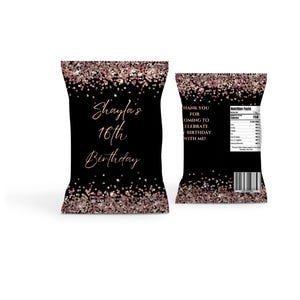 Rose Gold Glitter Chip Bag Template  Editable Party Favor Digital Download
