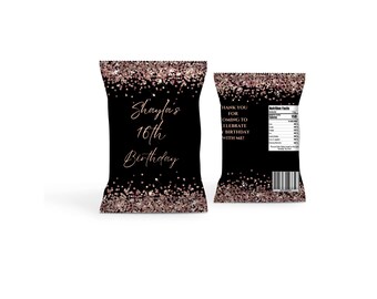 Plantilla editable para bolsa de patatas fritas con purpurina color oro rosa, ideal para recuerdos de fiesta (descarga digital)