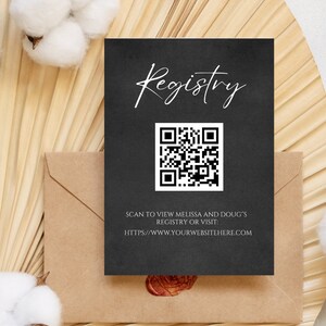 Tarjeta de registro editable con código QR, negra, inserto de invitación, tarjeta adjunta, despedida de soltera, despedida de pareja, minimalista, imprimible