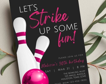 Invito al bowling modificabile, Divertiamoci un po', Bowling di compleanno, Rosa, Invito stampabile o digitale
