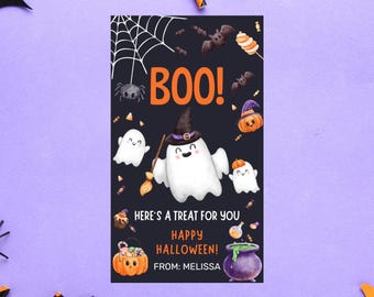 May include: A black card with a Halloween theme. It features a ghost with a witch's hat holding a broom, surrounded by other ghosts, bats, and candy. The text on the card reads "BOO! Here's a treat for you Happy Halloween! From: Melissa".