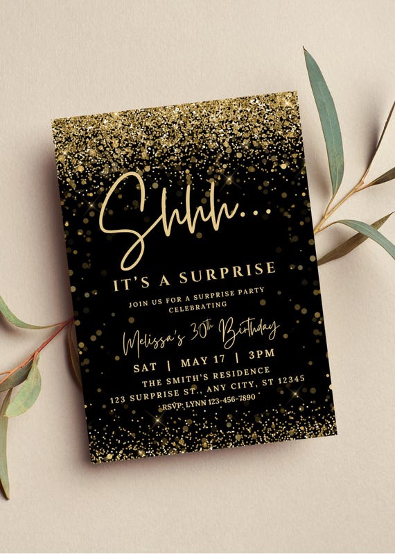 Editable Surprise Birthday Invitation, Black and Gold Glitter Birthday, Digital Invite, Adult Party Invitation Template