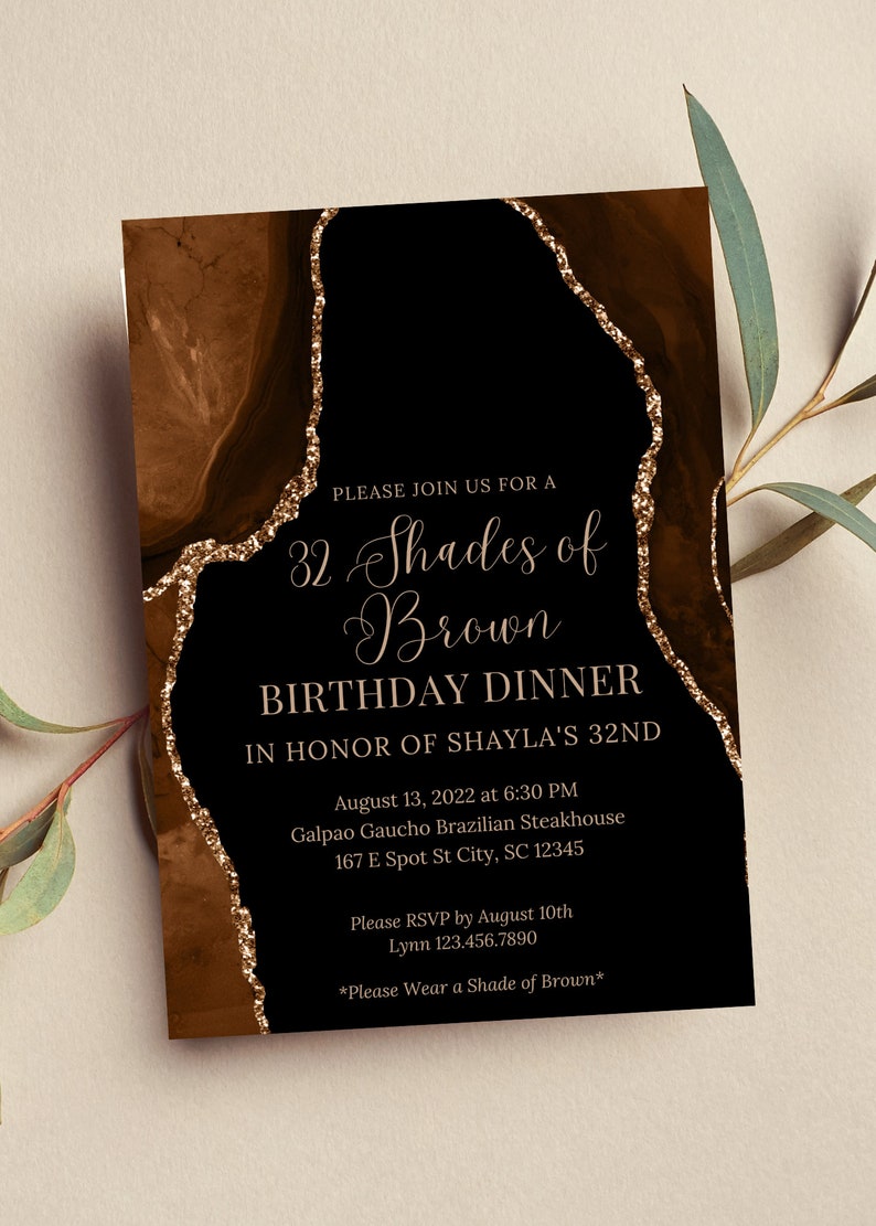 Editable Shades of Brown Birthday Dinner Invitation, Shades of Melanin, Agate Birthday Invitation, Printable or Text Invite image 1