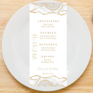 Bewerkbare menukaartsjabloon, witte en gouden menukaarten, menukaart verjaardagsdiner, trouwmenu, brunchmenu, afdrukbaar