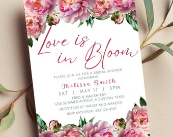 Editable Love is in Bloom Bridal Shower Invitation, Pink, Floral, Peony, Spring Flowers, Summer, Bridal Shower, Printable or Text Invite