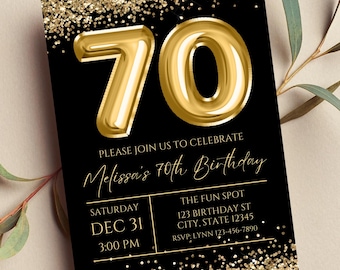 Editable 70th Birthday Invitation, Gold and Black Invitation, Gold 70 Balloon, Milestone Birthday, Glitter, Printable or Digital Invitation