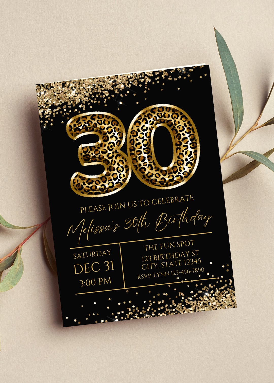 Editable 30th Birthday Invitation, Leopard Print, Black and Gold ...
