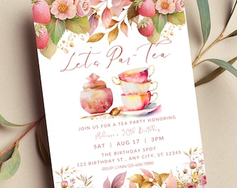 Editable Tea Party Invitation, Pink Floral Design (Digital Download)