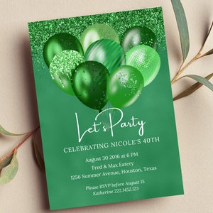 Editable Green Birthday Invitation, Let's Party Green Balloons Invite, Printable or Text