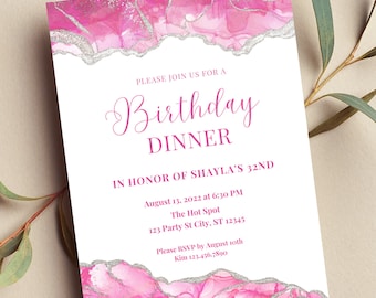 Editable Pink, White and Silver Invitation, Agate Birthday Dinner Invitation, Printable or Text Invite