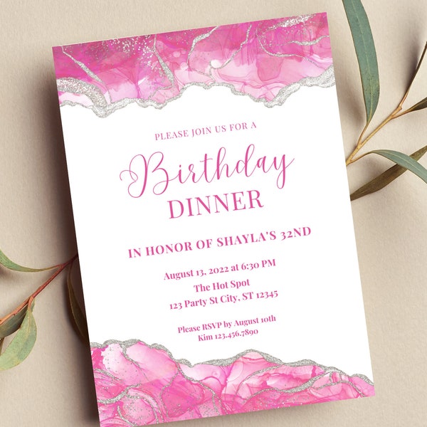 Editable Pink, White and Silver Invitation, Agate Birthday Dinner Invitation, Printable or Text Invite