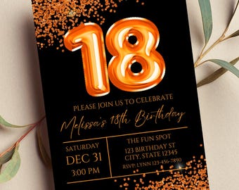 May include: Black and orange birthday invitation with a large orange number 18. The text reads "Please join us to celebrate Melissa's 18th Birthday". The invitation includes the date, time, and location of the party.