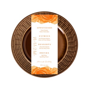 Bewerkbare menukaartsjabloon, oranje en goudmenu, verjaardag, dinermenu, tafelmenu, babyshowermenu, trouwmenu, barmenu, afdrukbaar