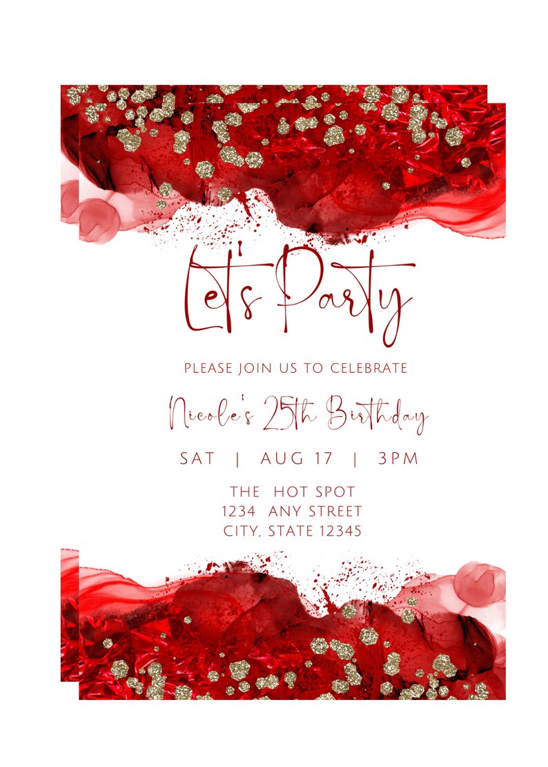 Editable Red and White Invitation, Let's Party Birthday Invite, Glam ...