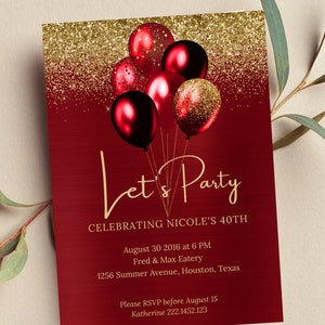 Bearbeitbare Rot- und Gold-Geburtstagseinladung, Let's Party Red Balloons einladen, bedruckbar oder Text