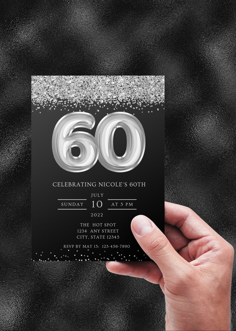 Editable 60th Birthday Invitation Black and Silver - Etsy