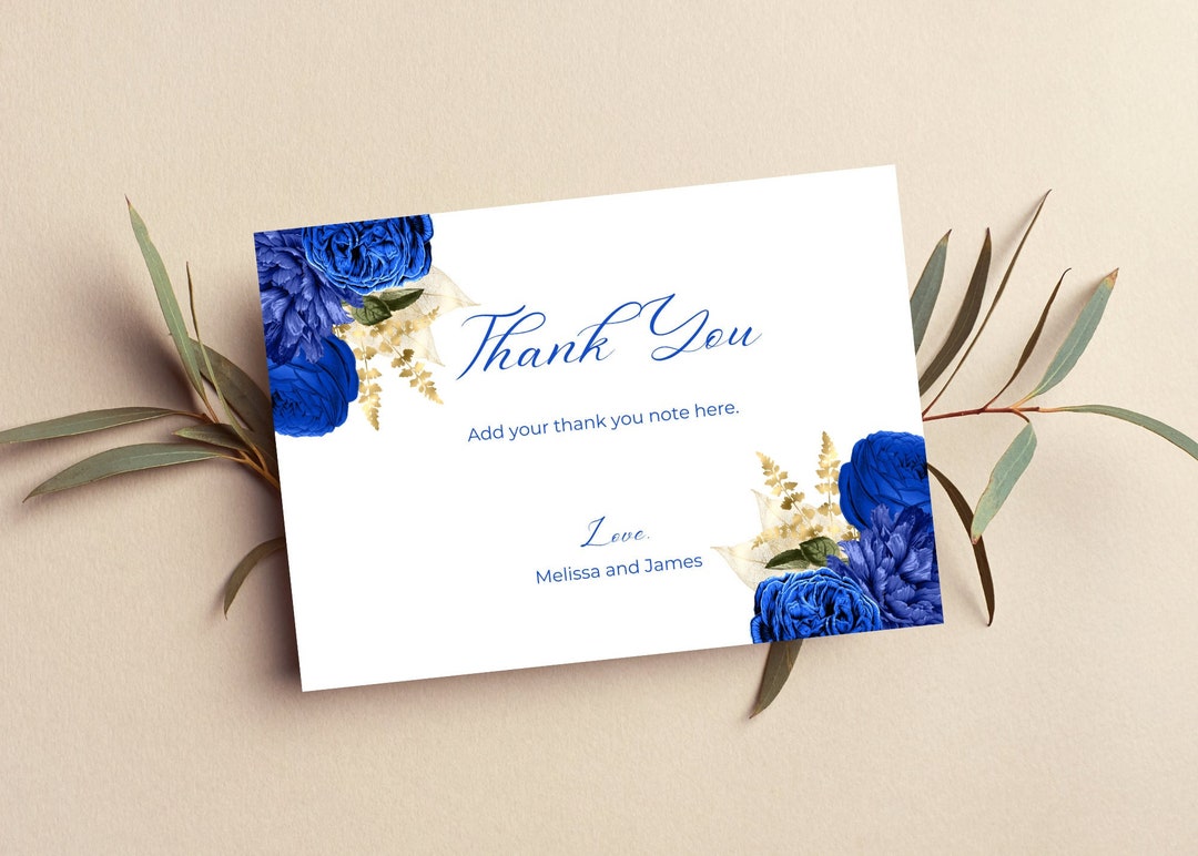 Printable Thank You Card, Editable Royal Blue and Gold Floral Thank You ...
