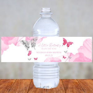 Editable Butterfly Water Bottle Label Template, Pink and Silver, Party Favor, Birthday, Wedding, Baby Shower, Printable, Instant
