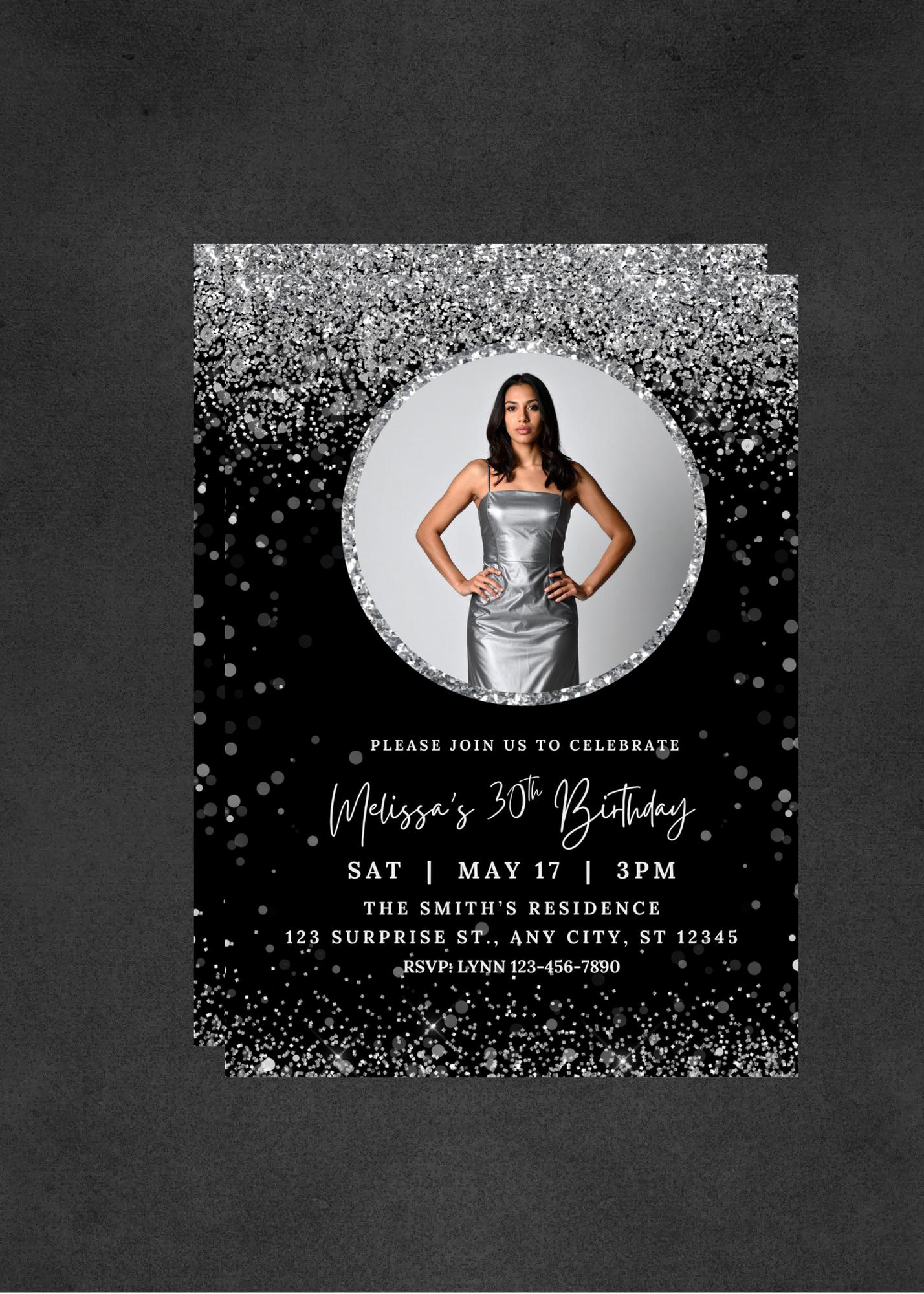 Silver Invite Editable Silver Glitter Birthday Invitation With Photo, Digital ...