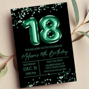 Editable 18th Birthday Invitation, Green and Black Invitation, Green 18 Balloon, Glam, Glitter, Printable or Digital Invite