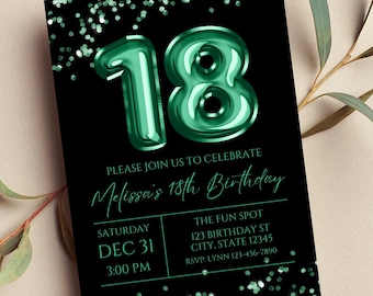 Bewerkbare 18e verjaardagsuitnodiging, groene en zwarte uitnodiging, groene 18 ballon, glamour, glitter, afdrukbare of digitale uitnodiging