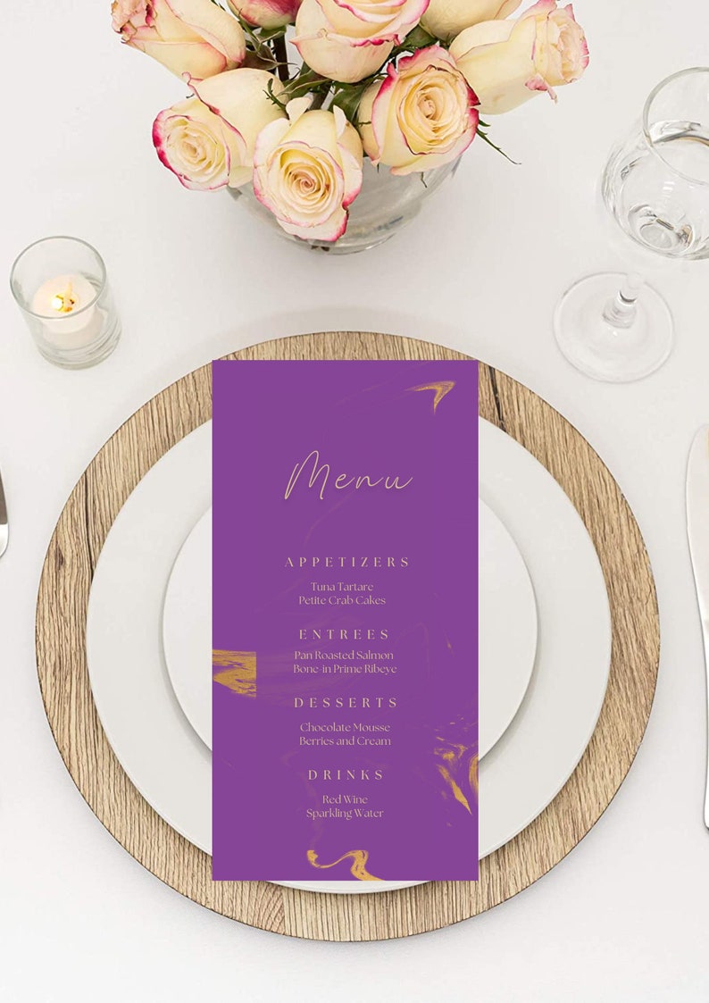 Graduation Puple Menu Card Editable Purple and Gold Menu Card Template, Marble Design, Luxury ...