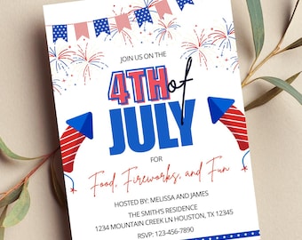4th of July Fireworks BBQ Invitation, Editable Red White Blue (Digital Invite)