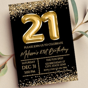Editable 21st Birthday Invitation, Black and Gold Invitation, Gold 21 Balloon, Glam, Glitter, Printable or Text Invite
