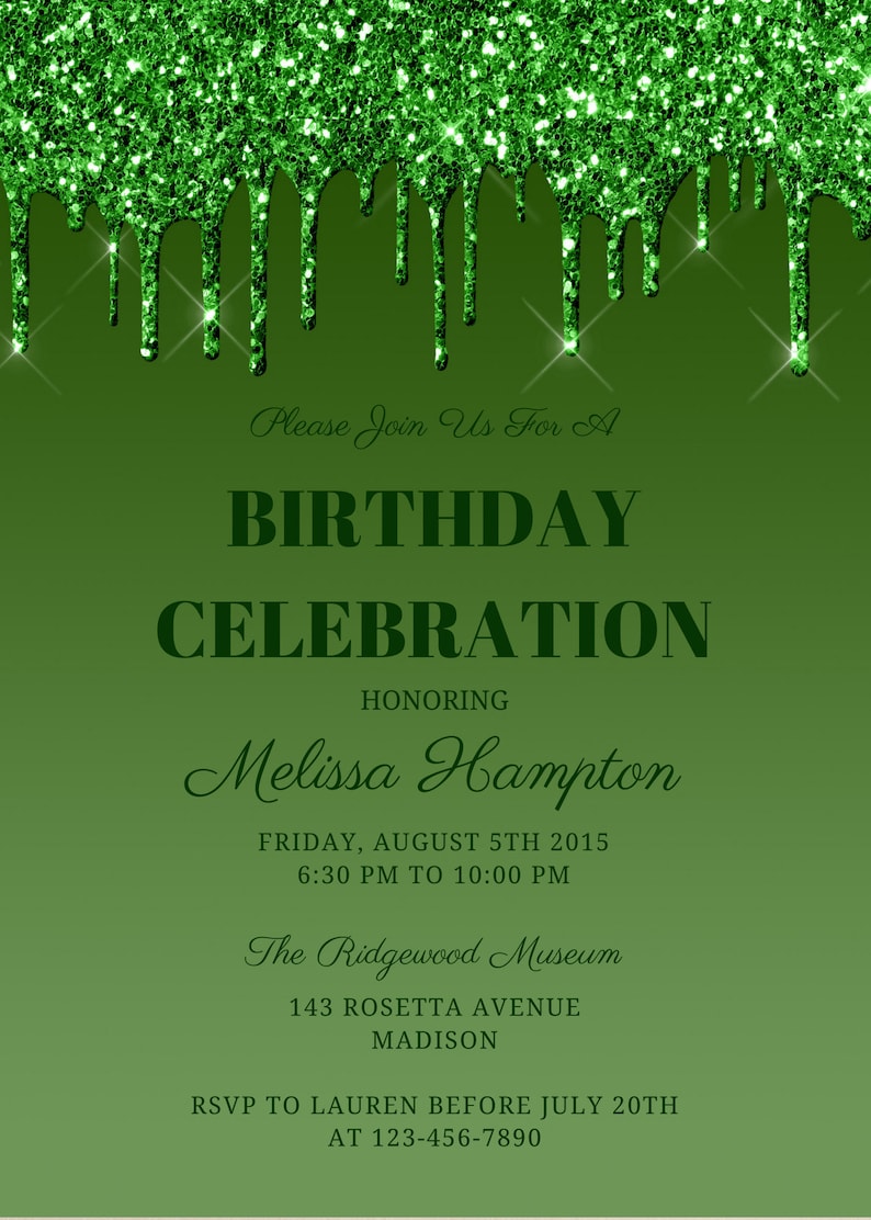 Editable Green Birthday Invitation Green Glitter Drip Etsy