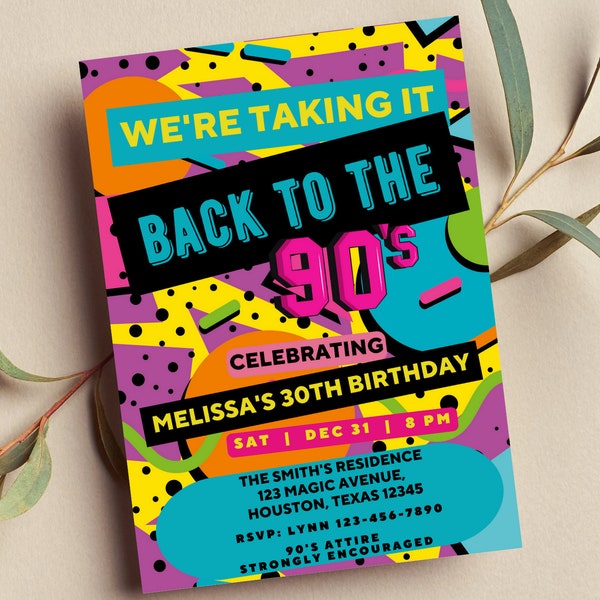 Bewerkbare jaren 90 uitnodiging voor feest, terug naar de jaren 90, Throwback Party, House Party, verjaardagsuitnodiging, jaren 90 thema, afdrukbaar