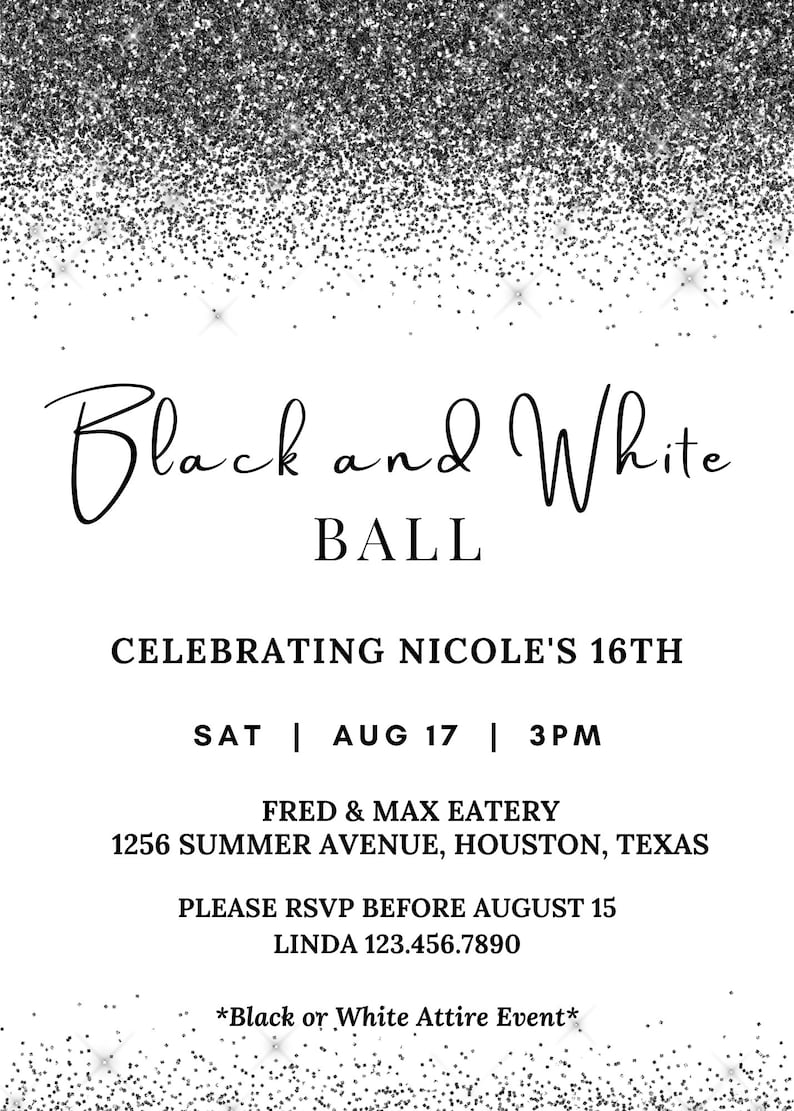 Editable Black and White Ball Invitation Black Glitter Print Etsy