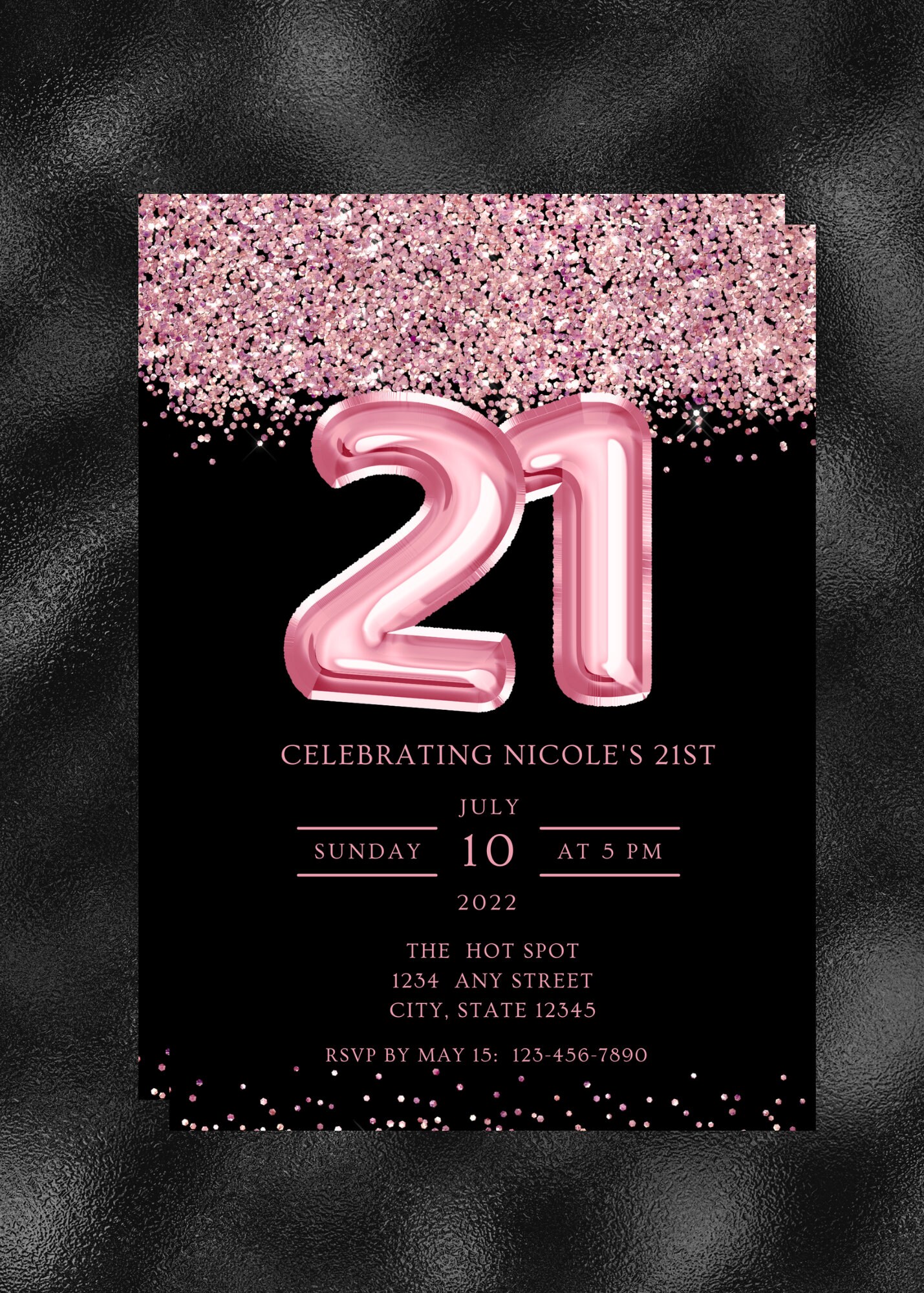 Editable 21st Birthday Invitation, Pink and Black Invitation, Gold 21 ...
