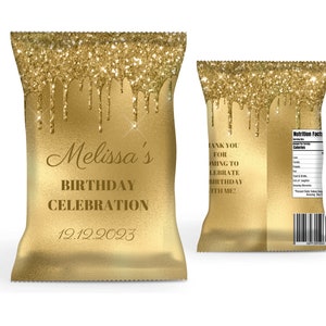 Bewerkbare zak verjaardagstaart, gouden chipzak, feestdecor, feestbedankje, afdrukbaar