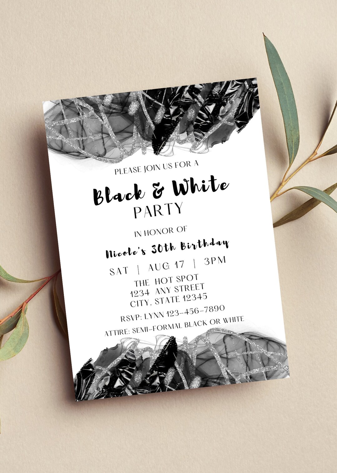 Editable Black and White Party Invitation, Black and White, Birthday