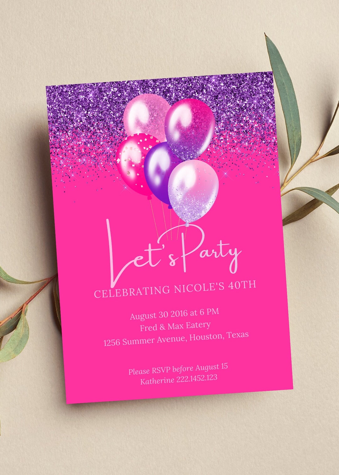 Editable Pink and Purple Birthday Invitation, Let's Party Pink and Purple Balloons Invite