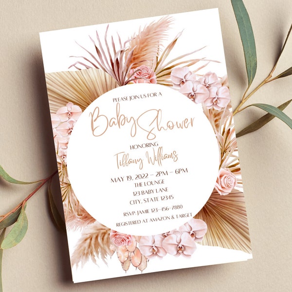Editable Pampas Grass Baby Shower Invitation | Boho Baby Shower Invitation | Girl Baby Shower | Printable Instant Download