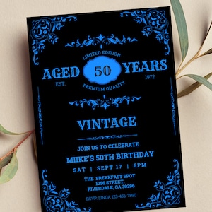 Editable Whiskey Label Invitation, Aged to Perfection, Vintage Birthday Party, Black and Blue Invitation for Men, Printable or Text Invite