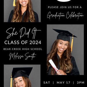 Puede incluir: Invitaci&oacute;n a una ceremonia de graduaci&oacute;n con fondo negro y texto blanco. La invitaci&oacute;n presenta una foto de una graduada con toga y birrete, y el texto "She Did It" con el a&ntilde;o "Class of 2024". La invitaci&oacute;n tambi&eacute;n incluye el nombre de la graduada, el nombre de la escuela y la fecha y hora de la celebraci&oacute;n de graduaci&oacute;n.