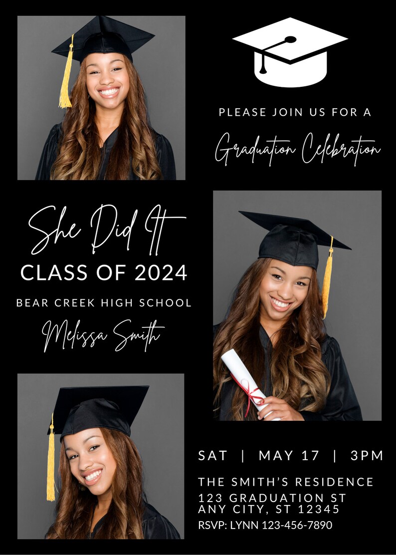 Puede incluir: Invitaci&oacute;n a una ceremonia de graduaci&oacute;n con fondo negro y texto blanco. La invitaci&oacute;n presenta una foto de una graduada con toga y birrete, y el texto "She Did It" con el a&ntilde;o "Class of 2024". La invitaci&oacute;n tambi&eacute;n incluye el nombre de la graduada, el nombre de la escuela y la fecha y hora de la celebraci&oacute;n de graduaci&oacute;n.
