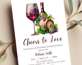May include: A white invitation card with a watercolor illustration of a wine glass, bottle, grapes, and a barrel. The text on the card reads "Cheers to Love" and includes details for a bridal shower honoring Melissa's Smith. The event is scheduled for August 17th at 3 PM at The Winery Spot, located at 123 Bridal Street, Any City, ST 12345. The RSVP information is provided as Lynn 123-456-7890.