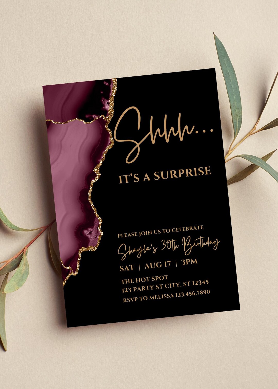 Editable Surprise Birthday Invitation, Burgundy and Gold, Digital ...