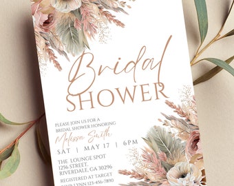 Editable Boho Bridal Shower Invitation, Pampas, Boho Floral, Printable or Text Invite