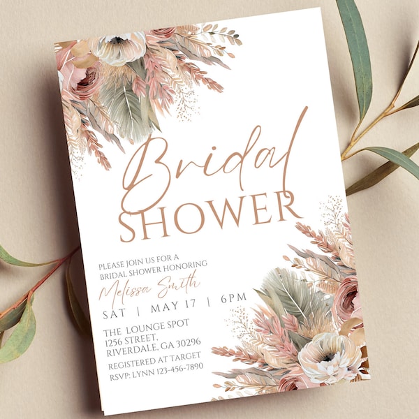 Convite editável para chá de panela estilo boho, com tema pampas e flores boho, para imprimir ou em formato de texto.