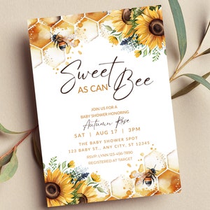 Editable Sweet as Can Bee Baby Shower Invitation, Sunflower, Honeycomb, Gender Neutral, Printable or Digital Invite