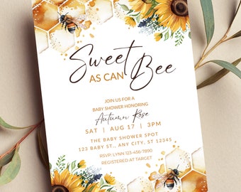 Editable Sweet as Can Bee Baby Shower Invitation, Sunflower, Honeycomb, Gender Neutral, Printable or Digital Invite