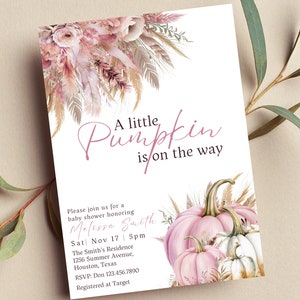 Invitación editable A Little Pumpkin Is on the Way para baby shower con calabaza rosa, invitación boho floral otoñal para baby shower, imprimible o digital