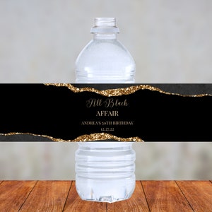 Editable Water Bottle Label Template, All Black Affair, Black and Gold ...