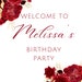 Editable Red and Gold Birthday Welcome Sign, Floral Birthday Party ...
