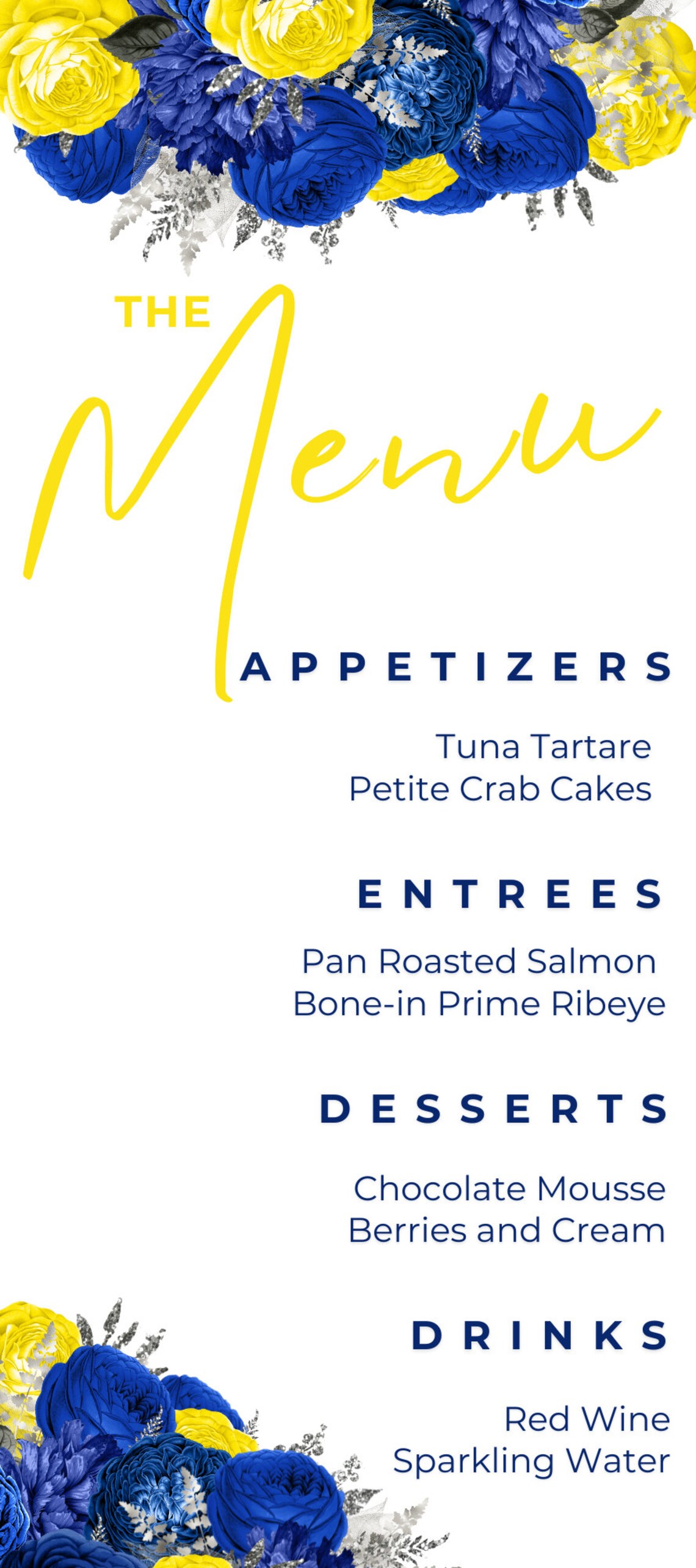 Editable Menu Card Template, Blue Yellow, Silver Menu Cards, Floral ...
